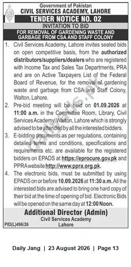 Newspaper clipping: Tender No. 02 — Removal of Gardening Waste and Garbage from Civil Services Academy & Staff Colony, Walton, Lahore, Jang, 23 Aug 2026