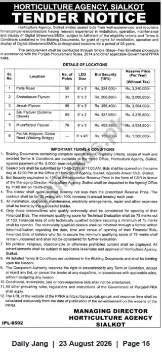 Newspaper clipping: Tender: LED Pole Streetlight/Advertising Concessions — Horticulture Agency, Sialkot, Jang, 23 Aug 2026