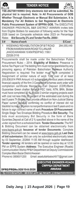 Newspaper clipping: Tender: Widening/Rehabilitation of B/T Road from Awaran Main Road to Lajnar Jhao (10 km), Jang, 23 Aug 2026