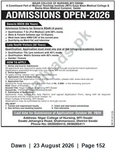 Newspaper clipping: Admissions Open 2026 — Nigar College of Nursing (MTI Swabi) — Generic BSc Nursing & LHV, Dawn, 23 Aug 2026