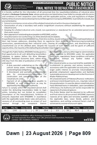 Newspaper clipping: Final Notice to Defaulting Leaseholders — Peshawar Economic Zone (KPEZDMC), Dawn, 23 Aug 2026