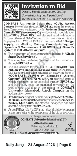 Newspaper clipping: Tender: 400 kW On-grid Solar PV System — COMSATS University Islamabad, Attock Campus, Jang, 23 Aug 2026
