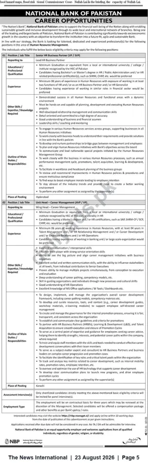 Newspaper clipping: National Bank of Pakistan – HR Career Opportunities (Senior HR Business Partner & Unit Head, Career Management), The News International, 23 Aug 2026