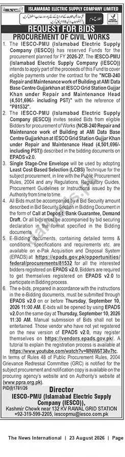 Newspaper clipping: IESCO Tender (NCB-240): Repair & Maintenance of AMI Database Centre Building, Gujar Khan, The News International, 23 Aug 2026