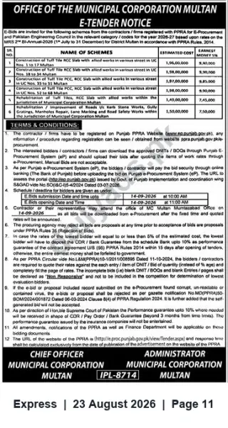 Newspaper clipping: E-Tender Notice — Municipal Corporation Multan: Street, RCC Slab & Road Rehabilitation Works (Bi-Annual 2026), Express, 23 Aug 2026
