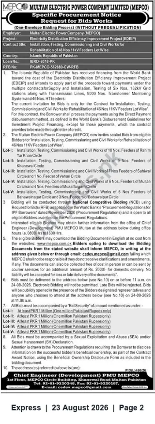 Newspaper clipping: MEPCO Tender: Rehabilitation of 46 x 11kV Feeders (Lot-wise) — EDEIP (RFB PK-MEPCO-562889-CW-RFB), Express, 23 Aug 2026
