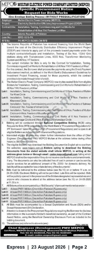 Newspaper clipping: MEPCO Tender – Rehabilitation of 46 x 11kV Feeders (Lot-wise) – Installation, Testing, Commissioning & Civil Works, Express, 23 Aug 2026