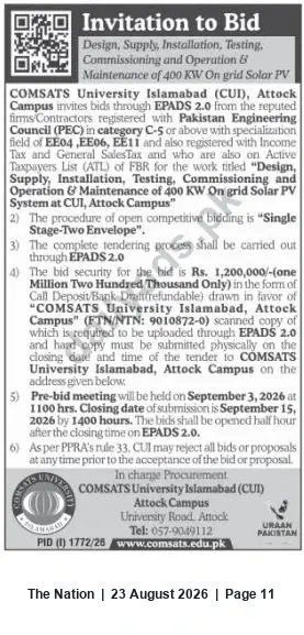 Newspaper clipping: Tender: Design, Supply, Installation & O&M of 400 kW On‑Grid Solar PV System – COMSATS University Islamabad (Attock Campus), The Nation, 23 Aug 2026