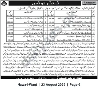 Newspaper clipping: Tender Notice — Sale of Used New Holland Items (14 Lots) — Sealed Bids with Bid Security, Nawa-i-Waqt, 23 Aug 2026