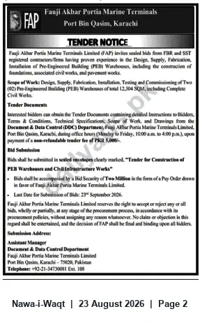 Newspaper clipping: Tender: Construction of Two PEB Warehouses (12,304 SQM) — Fauji Akbar Portia Marine Terminals, Karachi, Nawa-i-Waqt, 23 Aug 2026