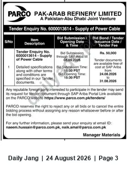 Newspaper clipping: PARCO Tender: Supply of Power Cable (Tender Nos. 6000013614 & 6000013514), Jang, 24 Aug 2026