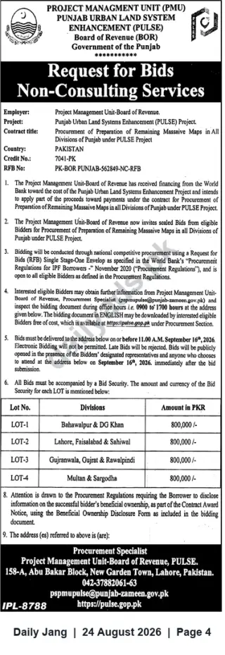 Newspaper clipping: Request for Bids — Preparation of Remaining Massive Maps (PULSE Project) — Non-Consulting Services, Jang, 24 Aug 2026