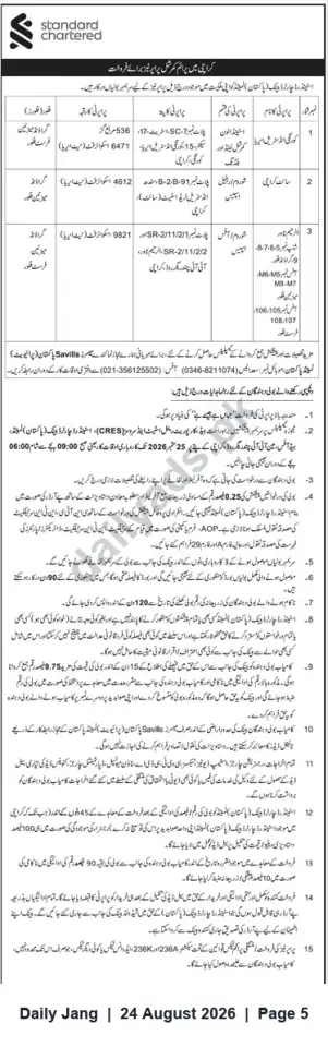 Newspaper clipping: Standard Chartered Bank – Public Auction of Immovable Properties in Karachi, Jang, 24 Aug 2026