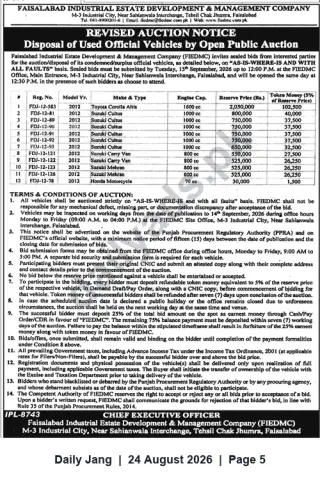 Newspaper clipping: FIEDMC Revised Open Public Auction — Disposal of Used Official Vehicles (Sealed Bids by 2020-09-15), Jang, 24 Aug 2026