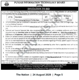 Newspaper clipping: PITB Invitation to Bid – PCB Prototyping Setup (Turnkey) for Makerspace Punjab, The Nation, 24 Aug 2026