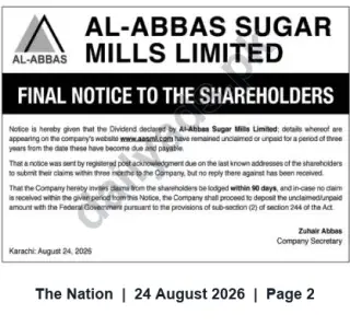Newspaper clipping: Final Notice to Shareholders – Unclaimed Dividends | Al‑Abbas Sugar Mills Limited, The Nation, 24 Aug 2026