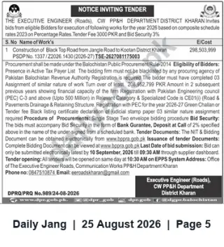 Newspaper clipping: Tender: Construction of Black Top Road from Jangle Road to Kootan — CW PP&H District Kharan, Jang, 25 Aug 2026