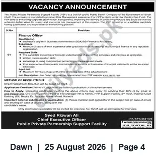 Newspaper clipping: Vacancy: Finance Officer — Public Private Partnership Support Facility, Karachi, Dawn, 25 Aug 2026