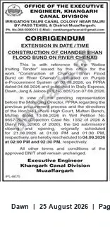 Newspaper clipping: Corrigendum — Extension of Dates for Construction of Chander Bhan Flood Bund on River Chenab (Khangarh Canal Division, Muzaffargarh), Dawn, 25 Aug 2026
