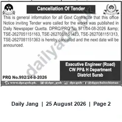 Newspaper clipping: Tender Cancellation — CW PP&H Department (Executive Engineer Roads), District Surab, Jang, 25 Aug 2026