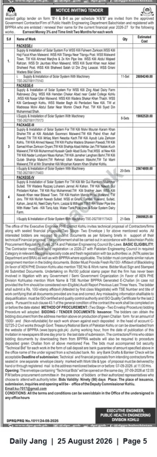 Newspaper clipping: Tender: Supply & Installation of Solar Systems for Water Supply Schemes in Kohlu (Packages I–IV), Jang, 25 Aug 2026