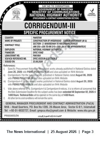 Newspaper clipping: Corrigendum III — Bids Extended for M-6 Hyderabad–Sukkur Motorway Section 3 (Nawabshah–Naushahro Feroze), The News International, 25 Aug 2026