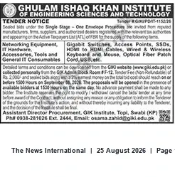 Newspaper clipping: GIKI Tender GIKIPOIT-115206 — Procurement of Networking & IT Equipment (Deadline 2026-09-08), The News International, 25 Aug 2026