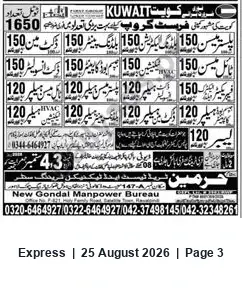 Newspaper clipping: New Gondal Manpower Bureau — Overseas Recruitment for Kuwait, Express, 25 Aug 2026