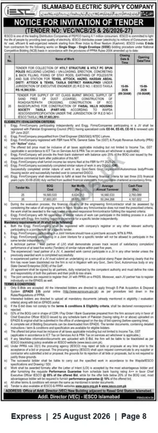 Newspaper clipping: IESCO Tender Notice VEC/NCB/25 & 26/2026-27 – Collection of HT/LT Structures and Supply/Construction Works, Express, 25 Aug 2026