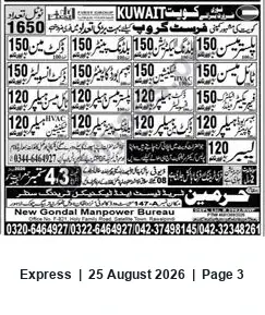 Newspaper clipping: New Gondal Manpower Bureau — Contacts for Kuwait, Express, 25 Aug 2026