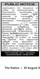 Newspaper clipping: Public Notice: Succession Certificate Application — NADRA Wazirabad, The Nation, 25 Aug 2026