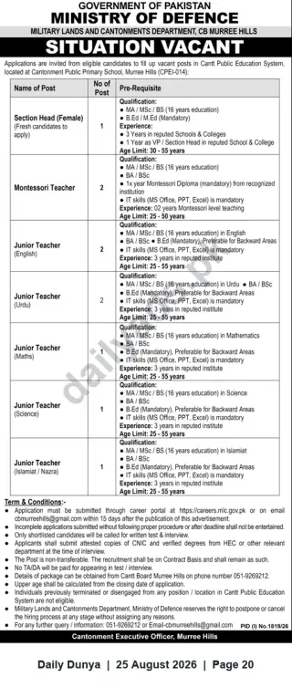 Newspaper clipping: Ministry of Defence — Cantt Public Education System (Murree Hills) Teaching Vacancies, Dunya, 25 Aug 2026