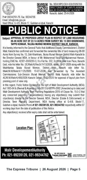 Newspaper clipping: MDA Public Notice — Approval of 6.00-Acre Layout (Deh Kharkharo, Taluka Murad Memon, Malir Karachi), The Express Tribune, 26 Aug 2026