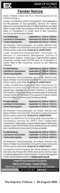 Newspaper clipping: Bank of Khyber — Tender Notice for HR Outsourcing and Other Procurement Packages (Closing 2026-09-09), The Express Tribune, 26 Aug 2026