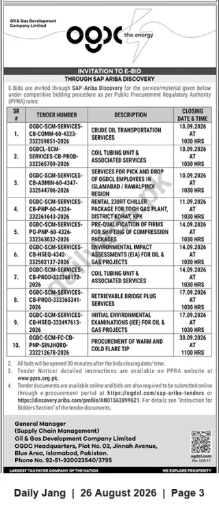 Newspaper clipping: OGDCL Invitation to E-Bid (SAP-Ariba Discovery) — Multiple Service Tenders Sept 2026, Jang, 26 Aug 2026