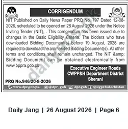 Newspaper clipping: Corrigendum: NIT PRQ No. 797 — Executive Engineer Roads, CWPP&H Department, Sherani, Jang, 26 Aug 2026