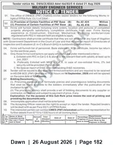 Newspaper clipping: Military Engineer Services Tender — DW.&CE/1503-Acvt-106/03/E-6 (Chaklala), Dawn, 26 Aug 2026