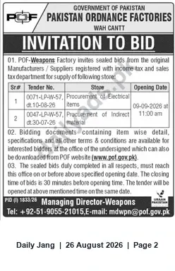 Newspaper clipping: POF Wah Cantt Invitation to Bid — Electrical Items & Indirect Material (Tenders 0071-LP-W-57, 0047-LP-W-57), Jang, 26 Aug 2026