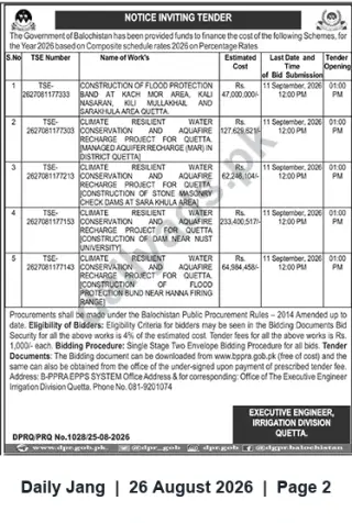 Newspaper clipping: Balochistan Irrigation Division Quetta — Tenders for Flood Protection & Aquifer Recharge Projects (Deadline 2026-09-11), Jang, 26 Aug 2026