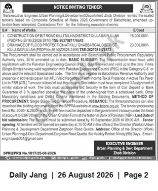 Newspaper clipping: Tender: Construction of Bit Road & Flood Drainage in District Qilla Saifullah — Zhob Division (Balochistan), Jang, 26 Aug 2026