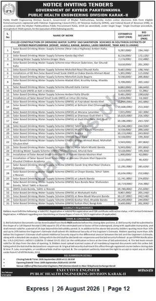 Newspaper clipping: Notice Inviting Tenders — Public Health Engineering Division Karak-II (Drinking Water & Sanitation Schemes), Express, 26 Aug 2026