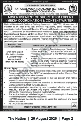 Newspaper clipping: NAVTTC Short‑Term Expert — Media Coordination & Content Writer (1 Post, Islamabad), The Nation, 26 Aug 2026