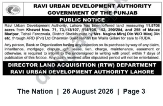 Newspaper clipping: Ravi Urban Development Authority Public Notice: 11.5708 Acres Offered for Sale in Mauza Maripar, Sheikhupura, The Nation, 26 Aug 2026