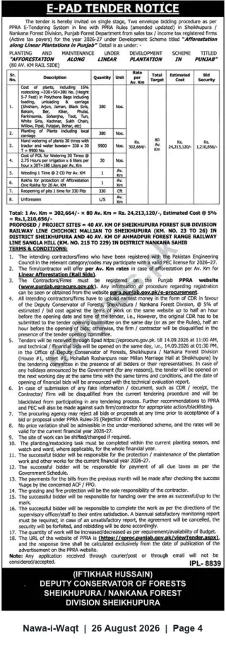 Newspaper clipping: E‑PAD Tender: Afforestation Planting & Maintenance (80 Av. Km) – Sheikhupura & Nankana Sahib, Punjab, Nawa-i-Waqt, 26 Aug 2026