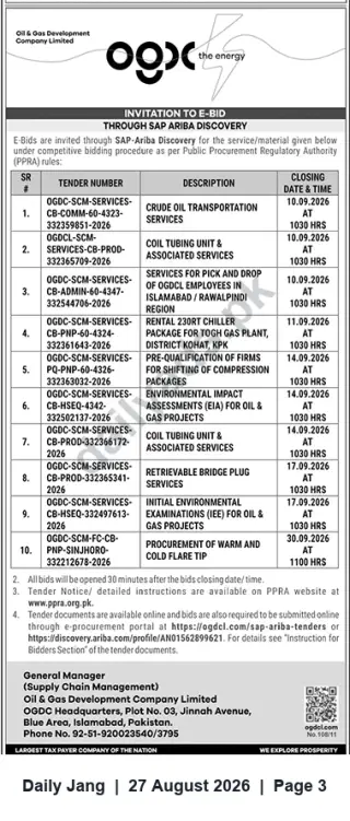 Newspaper clipping: OGDCL Invitation to E-Bid: Multiple Service Tenders (September 2026), Jang, 27 Aug 2026