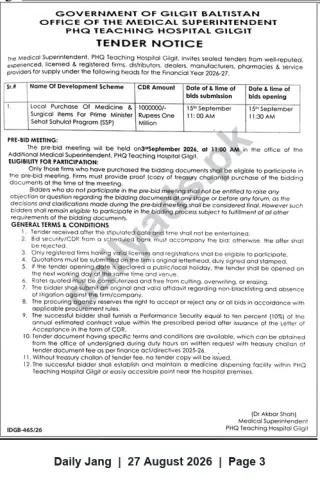 Newspaper clipping: Tender: Local Purchase of Medicines & Surgical Items for PM Sehat Sahulat Program — PHQ Teaching Hospital Gilgit, Jang, 27 Aug 2026