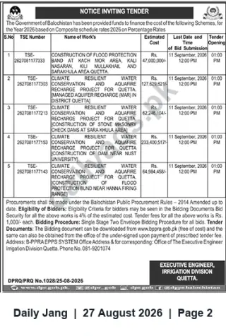 Newspaper clipping: Notice Inviting Tenders — Irrigation Division Quetta (Deadline 2026-09-11), Jang, 27 Aug 2026