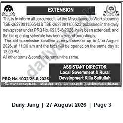 Newspaper clipping: Tender Extension: Miscellaneous Works TSE-2627081156543 & TSE-2627081156523 — Killa Saifullah, Jang, 27 Aug 2026