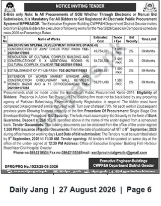 Newspaper clipping: Tender: Balochistan Special Development Initiative (Phase-III) — Construction & Renovation Works, Gwadar (E-Bids), Jang, 27 Aug 2026