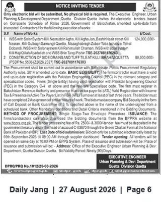 Newspaper clipping: Tender: WSS Solar Systems & Drain/Tuff Tile Works — Urban Planning & Development Department, Quetta, Jang, 27 Aug 2026